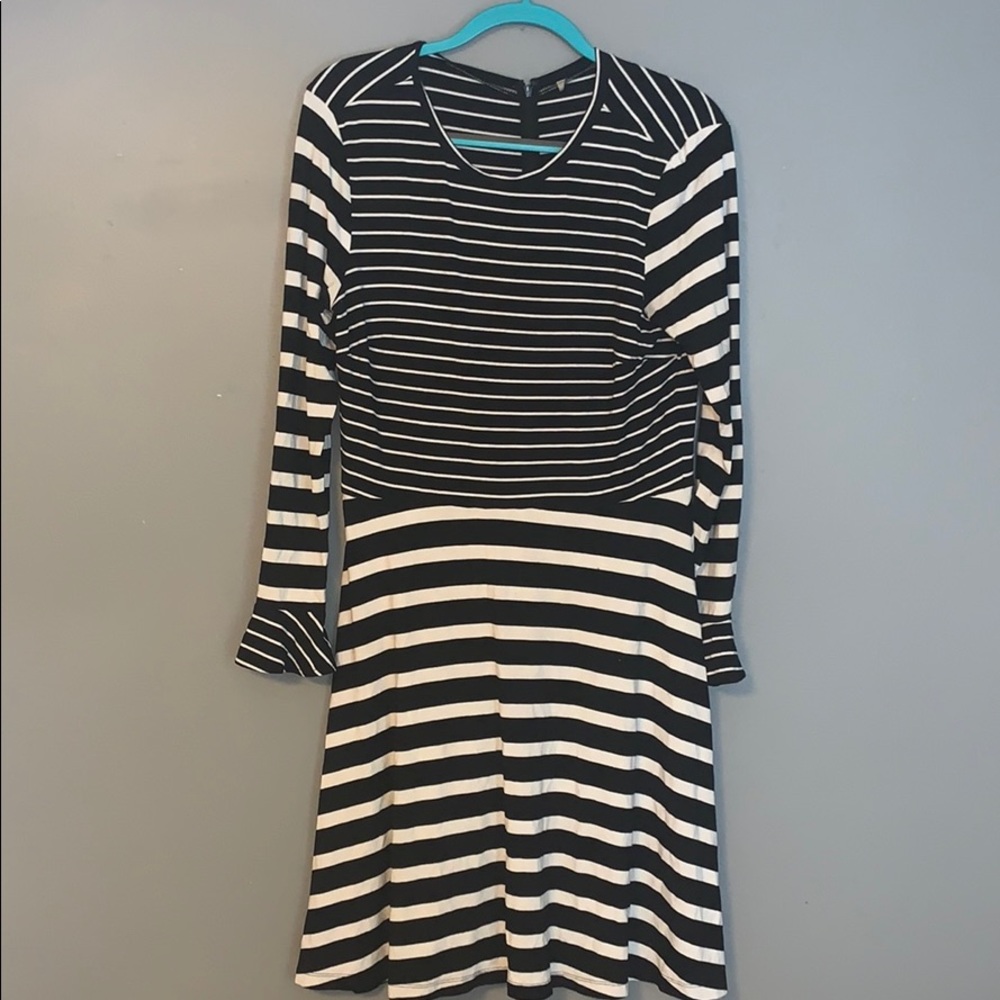 Black and white striped dress with flutter sleeve